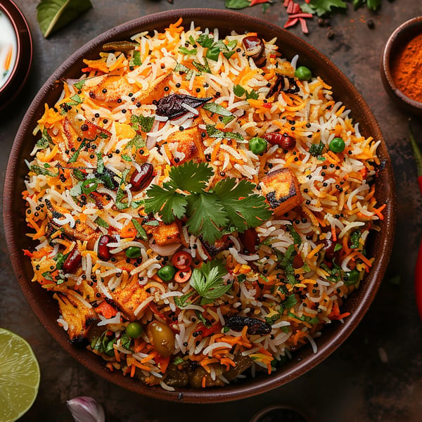 Close-up of a vibrant Indian biryani dish with rice, paneer, vegetables, and spices in a brown bowl.