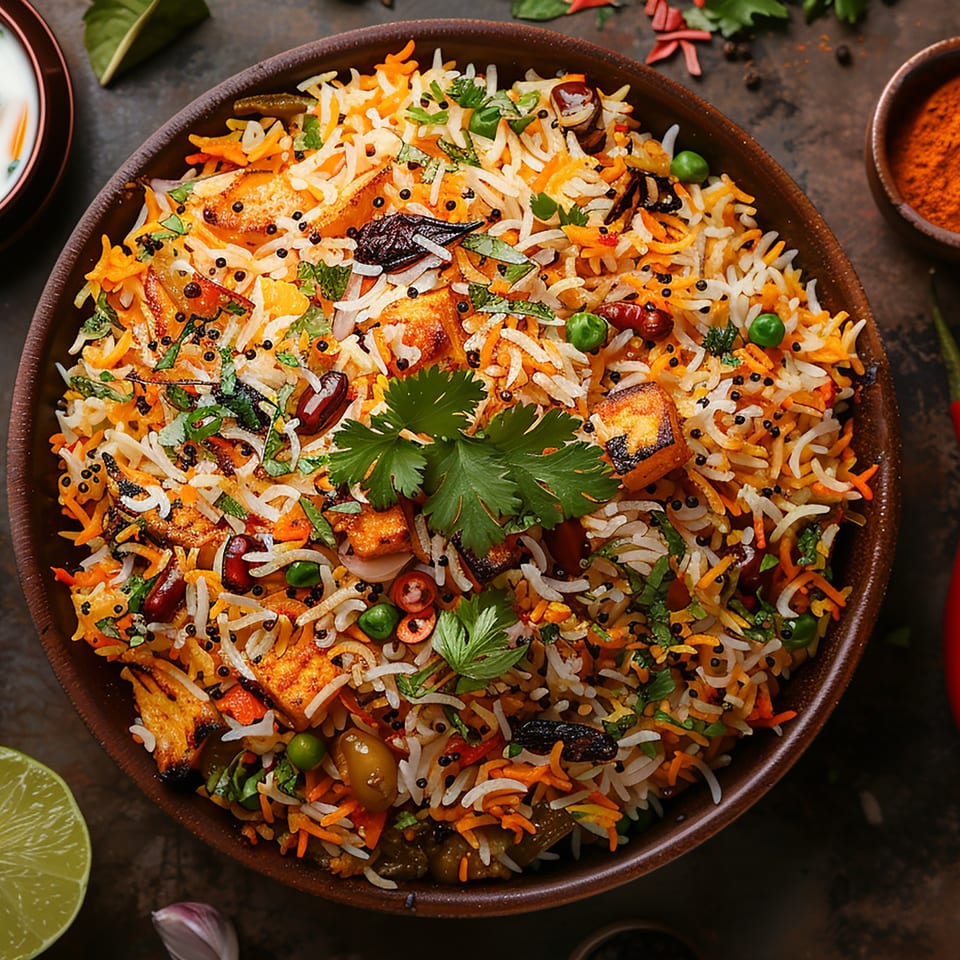Close-up of a vibrant Indian biryani dish with rice, paneer, vegetables, and spices in a brown bowl.