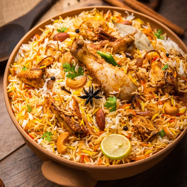 Close-up of chicken biryani with rice, spices, cashews, almonds, and a lime slice in a clay bowl.