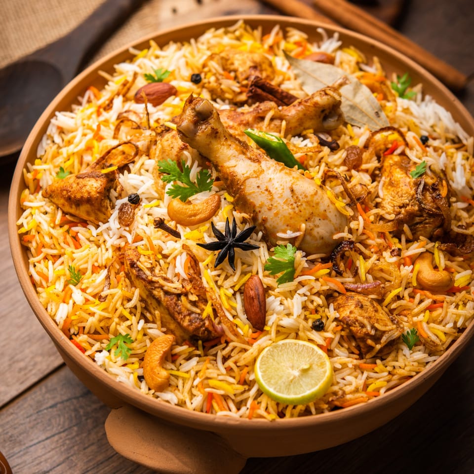 Close-up of chicken biryani with rice, spices, cashews, almonds, and a lime slice in a clay bowl.